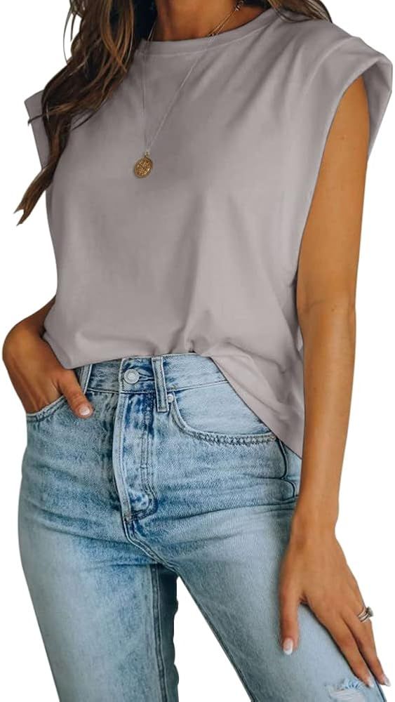 Women's Cap Sleeve Tank Top Crew Neck T Shirts Loose Fit Basic Summer Casual Tee Tops Grey at Ama... | Amazon (US)