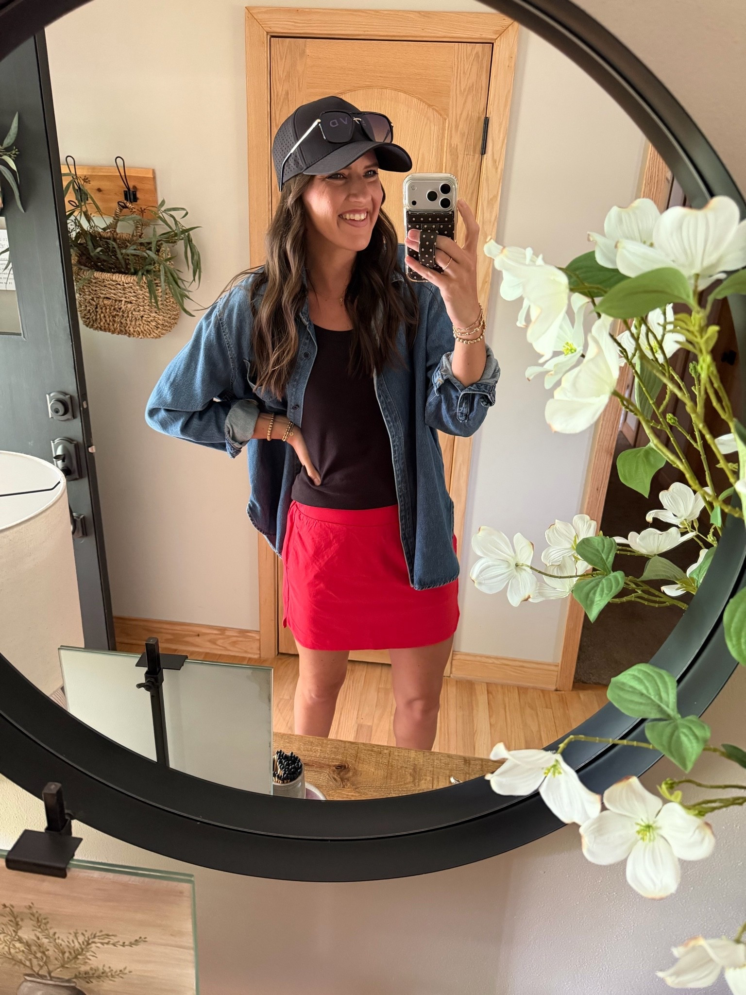 What I’m wearing for mom life today 

Tank - small
Skort - medium 
Denim shirt - large