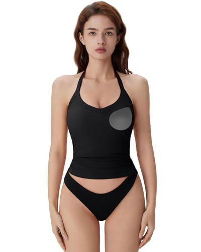 SUUKSESS Halter Tank Top for Women with Built in Bra Cotton Ribbed V Neck Cami | Amazon (US)