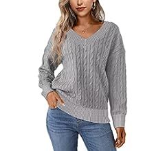 Jollycode Women's Cable Knit V Neck Sweaters Casual Long Sleeve Pullover Loose Off Shoulder Jumpe... | Amazon (US)