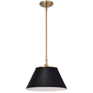 SATCO Dover 60-Watt 1-Light Black and Vintage Brass Shaded Pendant Light with Black Metal Shade a... | The Home Depot