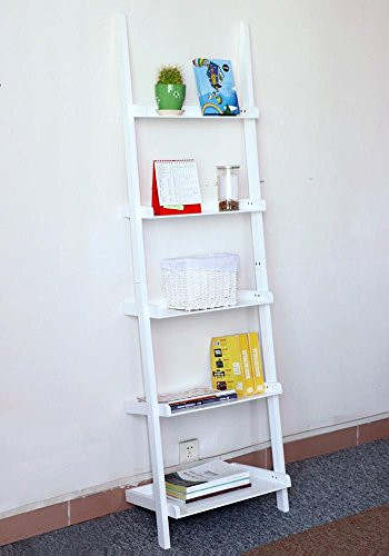 go2buy Modern White Wood 5 Tier Leaning Ladder Shelf Bookcase Bookshelf 70 Inch Book DVD CD Display  | Amazon (US)