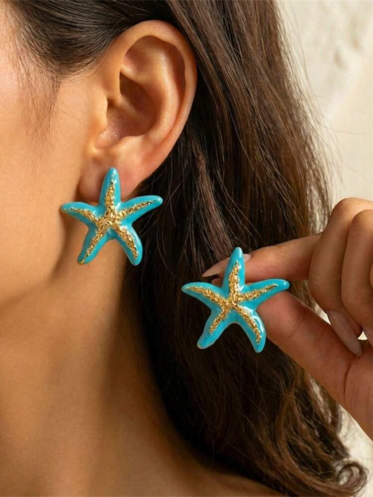 1pc Summer Beach Style Blue Enamel Starfish Exaggerated Earrings, Suitable For Beach Vacation, Daily, Travel, Party Wear, A Surprise Gift For Friends And Girlfriends | SHEIN