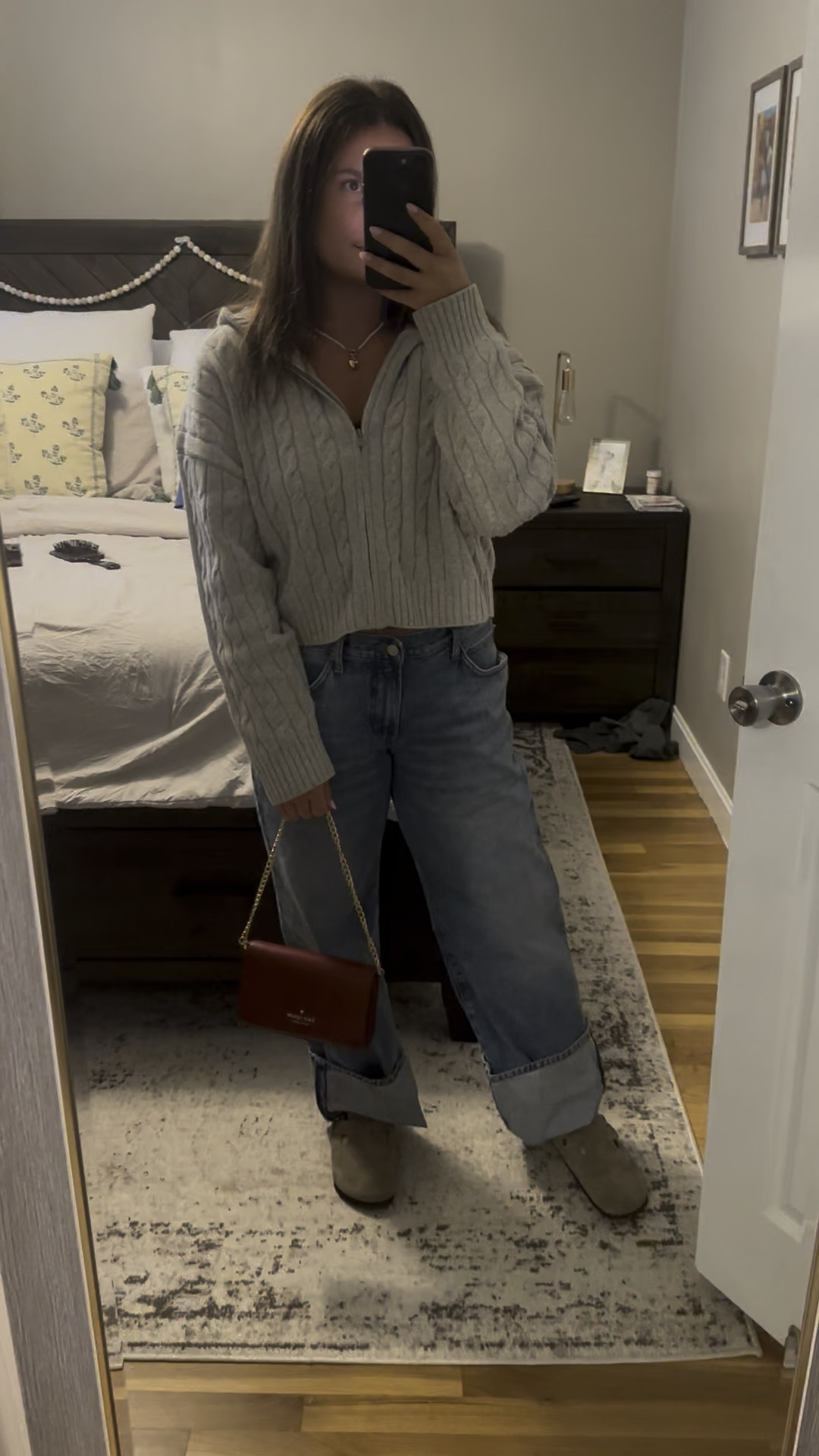 Fall transition outfit. Aritzia sweater, Agolde jeans, red purse, Birkenstock clogs, charm necklace 

#LTKStyleTip #LTKShoeCrush #LTKSeasonal