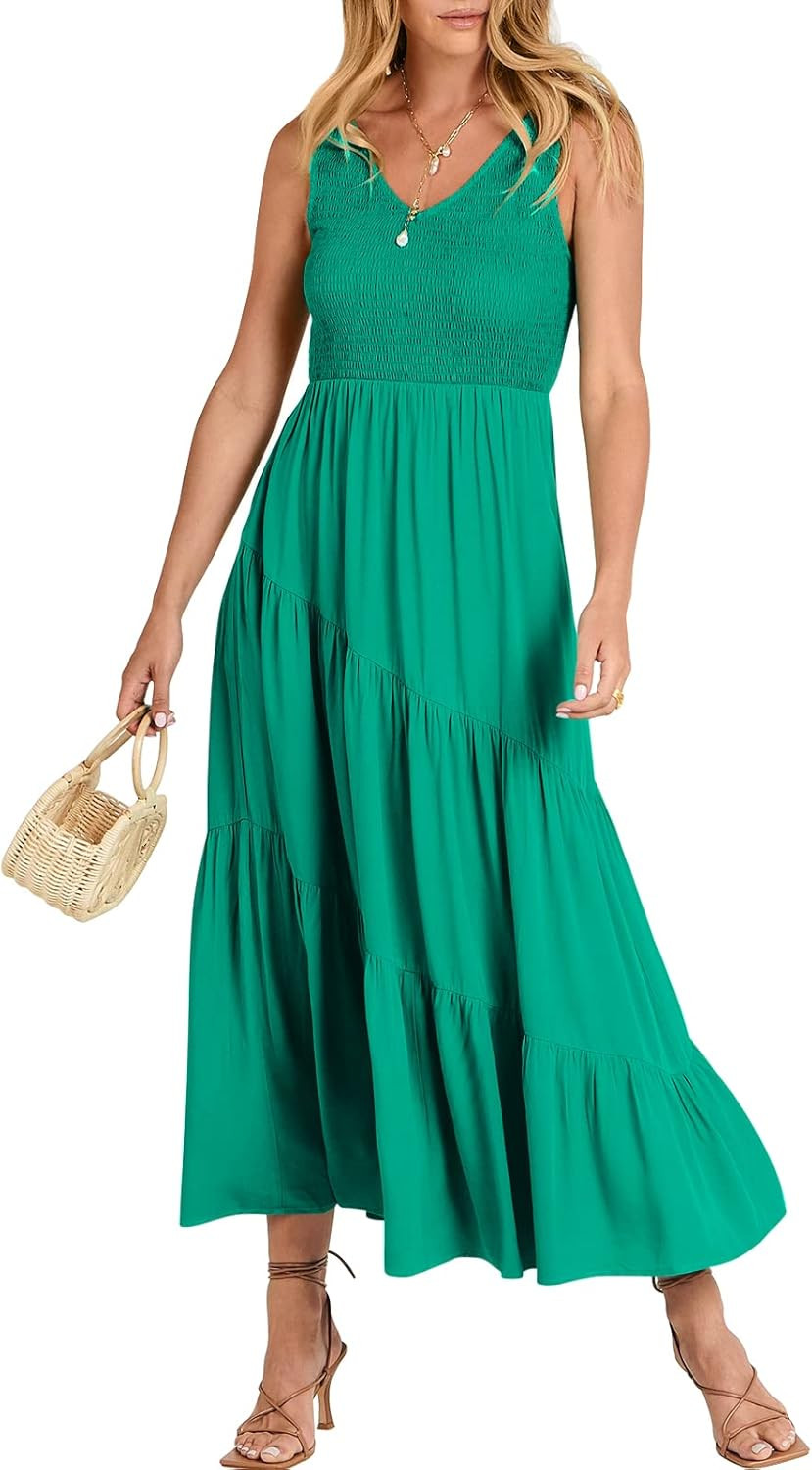ANRABESS Women's Summer Casual Sleeveless V Neck Smocked Boho Asymmetric Tiered Beach Long Dress ... | Amazon (US)