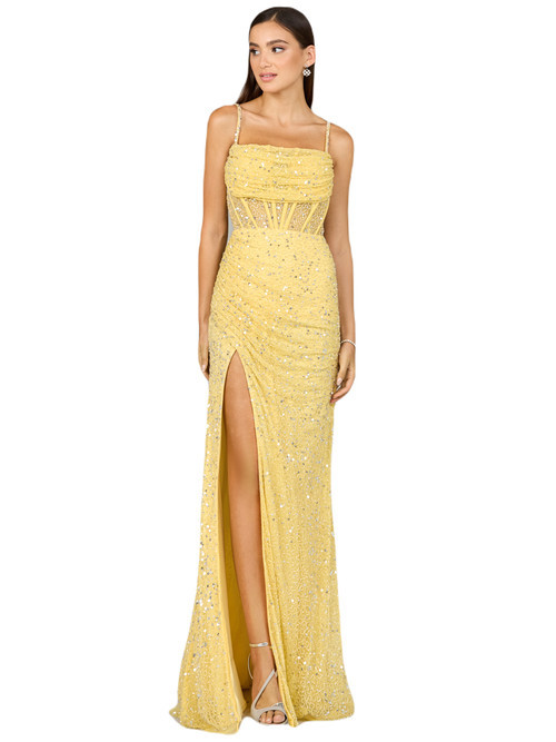 LARA New York Elegant Corset Gown with Slit in Lemon at Nordstrom, Size 0 | Nordstrom