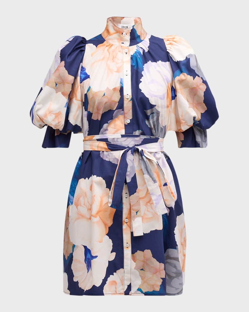 Eli Belted Puff-Sleeve Floral-Print Mini Dress | Neiman Marcus
