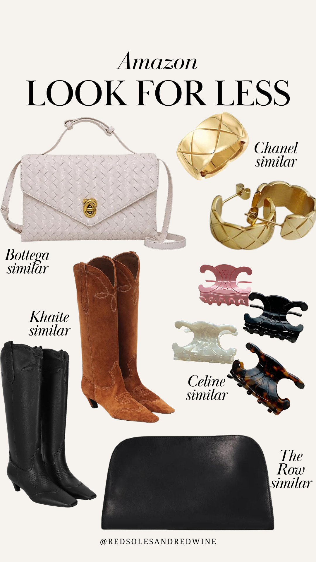 Amazon look for less! Designer look for less, chanel jewelry similar, bottega bag similar, celine similar, the row bag similar, khaite boot similar, designer accessories 

 