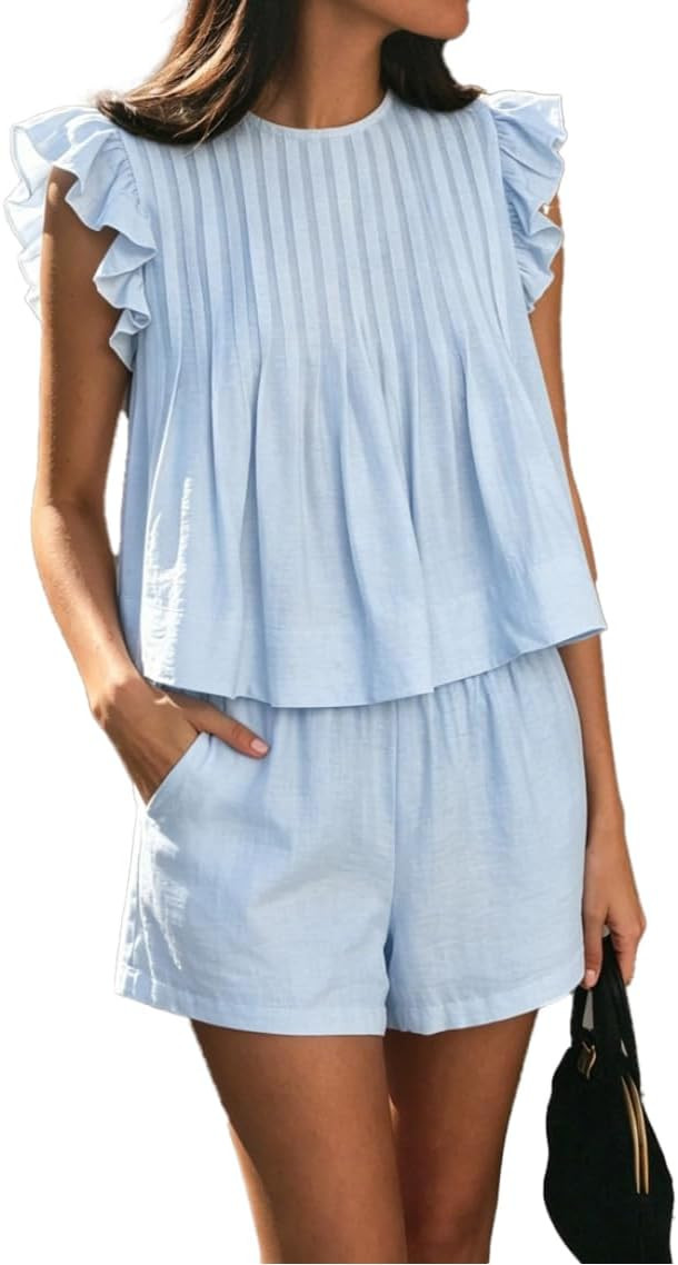 Women Ruffle Sleeve Pleated Tops And Shorts Set Cotton 2 Piece Sets | summer shorts set,ruffle sl... | Amazon (US)