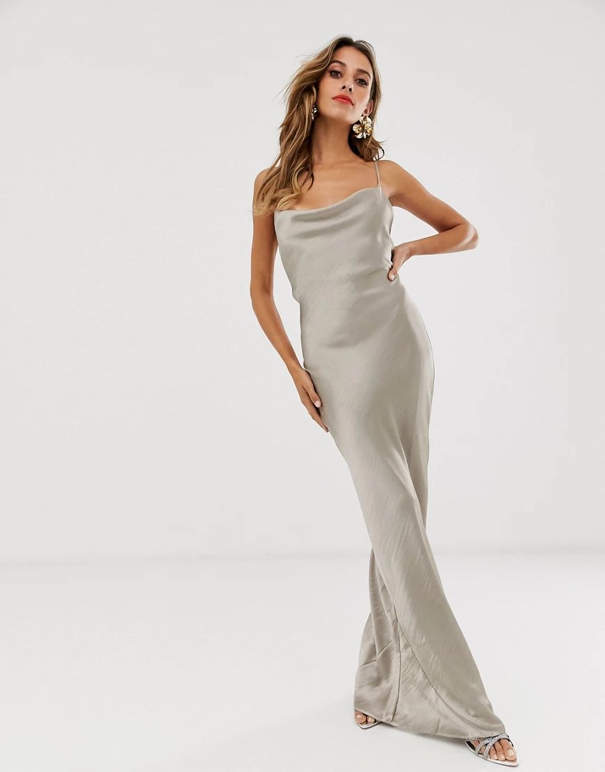 ASOS DESIGN cami maxi slip dress in high shine satin with lace up back-Cream | ASOS (Global)
