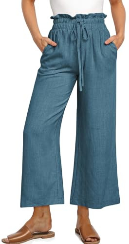 UEU Women's Linen Pants Plus Size Wide Leg Palazzo Cropped Trousers Summer Trendy Travel Outfits- 25" Inseam (Lake Blue, XXL) | Amazon (US)