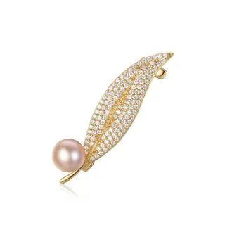 925 Sterling Silver Plated Gold Fashion Elegant Leaves Pink Freshwater Pearl Brooch with Cubic Zirco | YesStyle Global