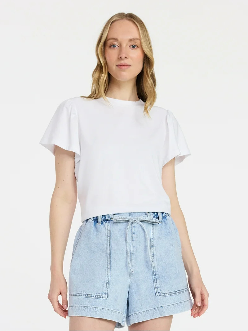 Time and Tru Women's Crewneck Top with Short Flutter Sleeves, Sizes XS-XXXL | Walmart (US)