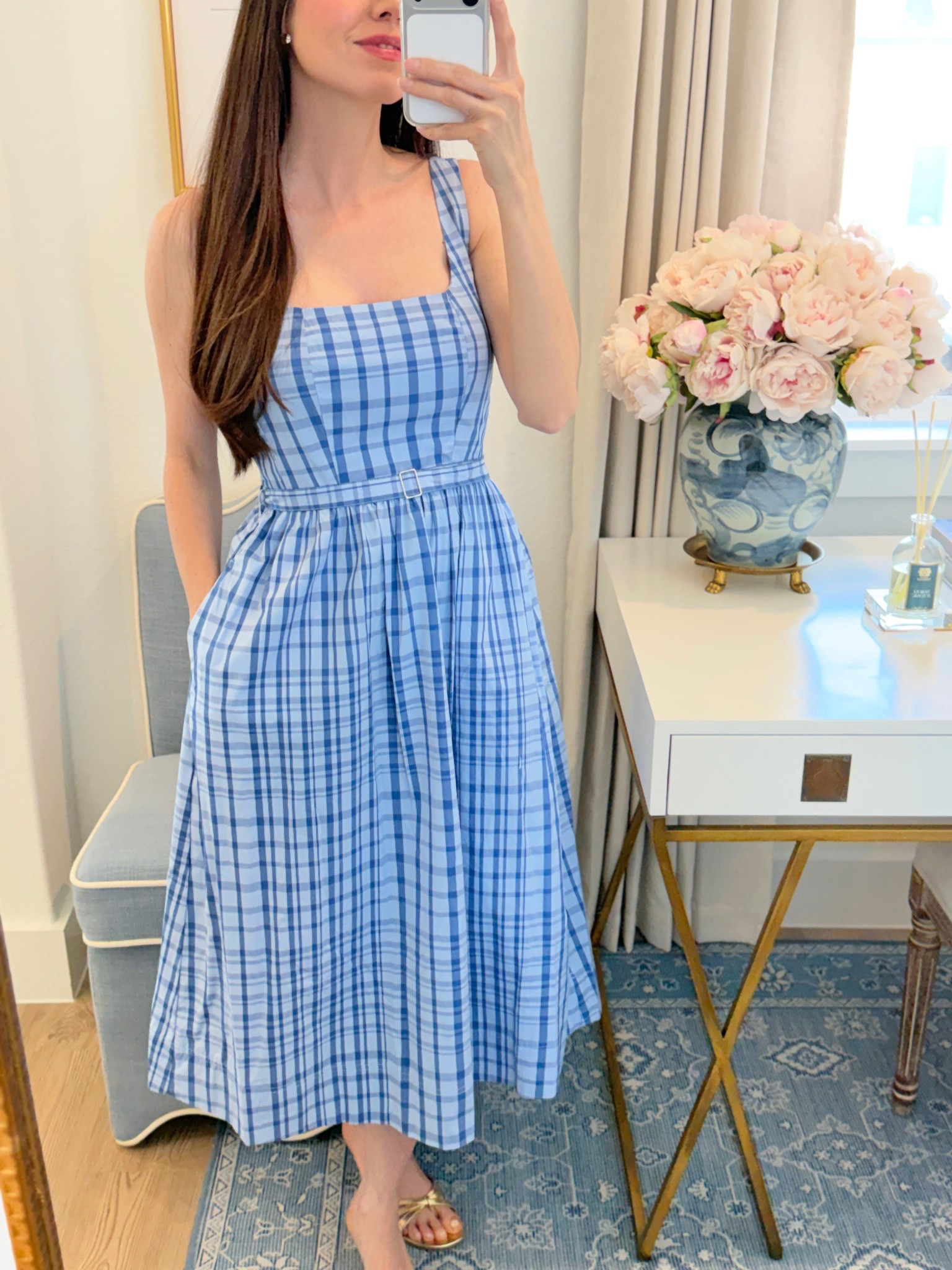 Back in stock! 🎉 Under $40 gorgeous 💯 cotton dress! Such a great dress for any spring or summer occasion! I also have the floral print! 😍 wearing XS - fits true to size. 

Blue dress midi dress summer dresses affordable style spring outfit 2025 brunch date night vacation outfit baby shower Memorial Day Walmartstyle 