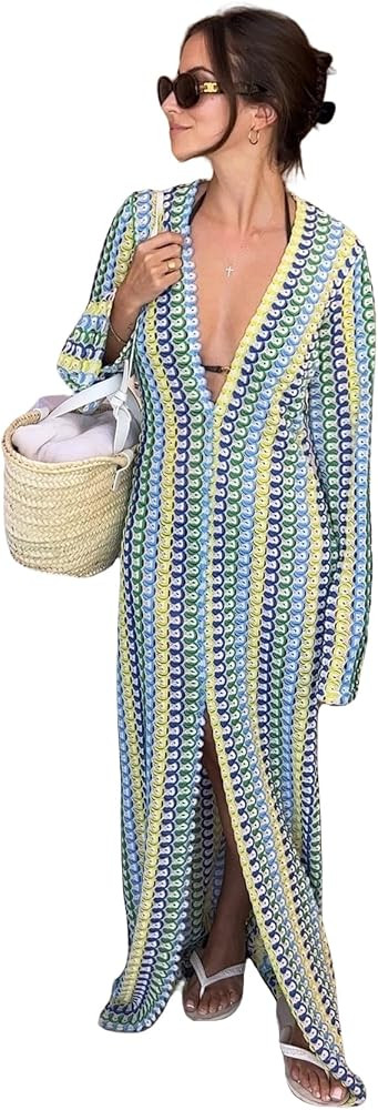 Women's Sexy Deep V Neck Contrast Color Maxi Dress Elegant Flare Long Sleeve High Split Beach Hol... | Amazon (US)