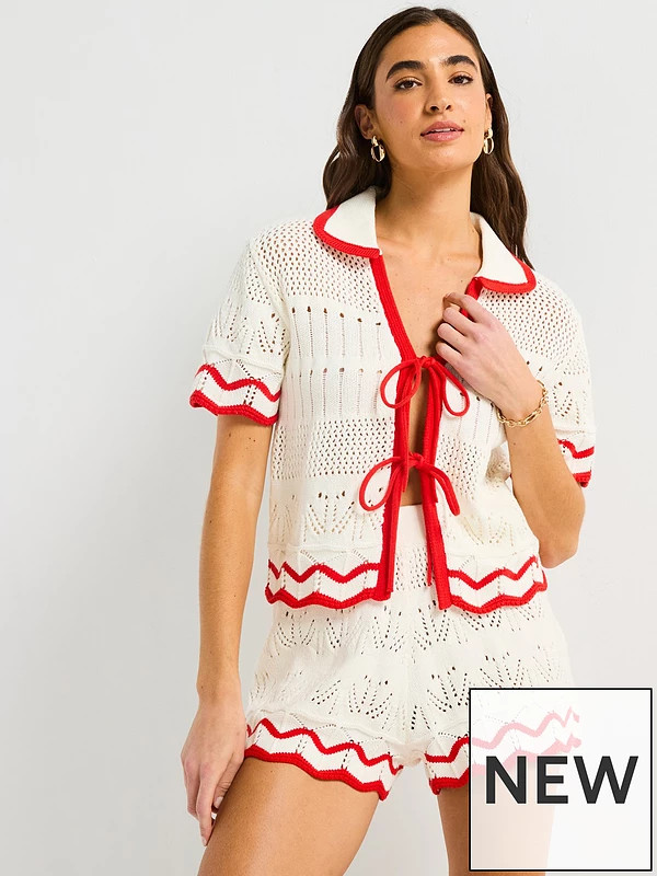 V by Very Cotton Rich Pointelle Stripe Short Co-Ord - Cream | Very (UK)