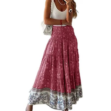 Luxplum Ladies Long Skirts Floral Print Maxi Skirt Boho Pleated Holiday Red XL | Walmart (US)