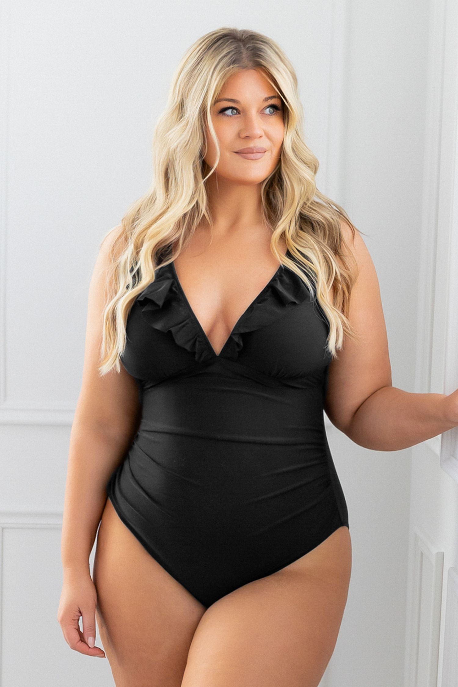 Summer Seaside Ruffled Ruched Plunge Tummy Control Black One Piece | Cupshe US