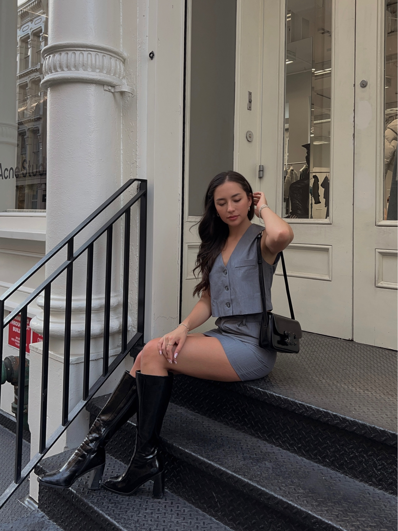 neutrals in New York 🩶 

grey set + boots from princess Polly 
bag is Celine triomphe with black hardware 

#LTKitbag #LTKSeasonal #LTKstyletip