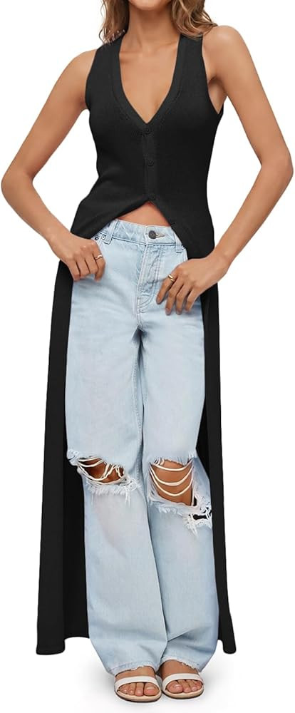 Saodimallsu Womens Long Cardigans Sleeveless V Neck Button Lightweight Knit Duster Vest Top Beach... | Amazon (US)