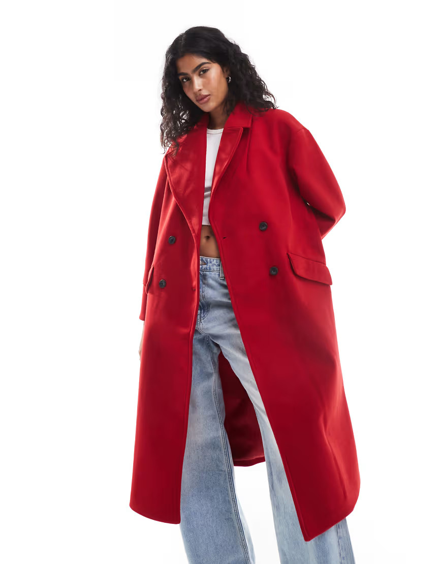 Stradivarius oversized soft touch coat in red | ASOS (Global)