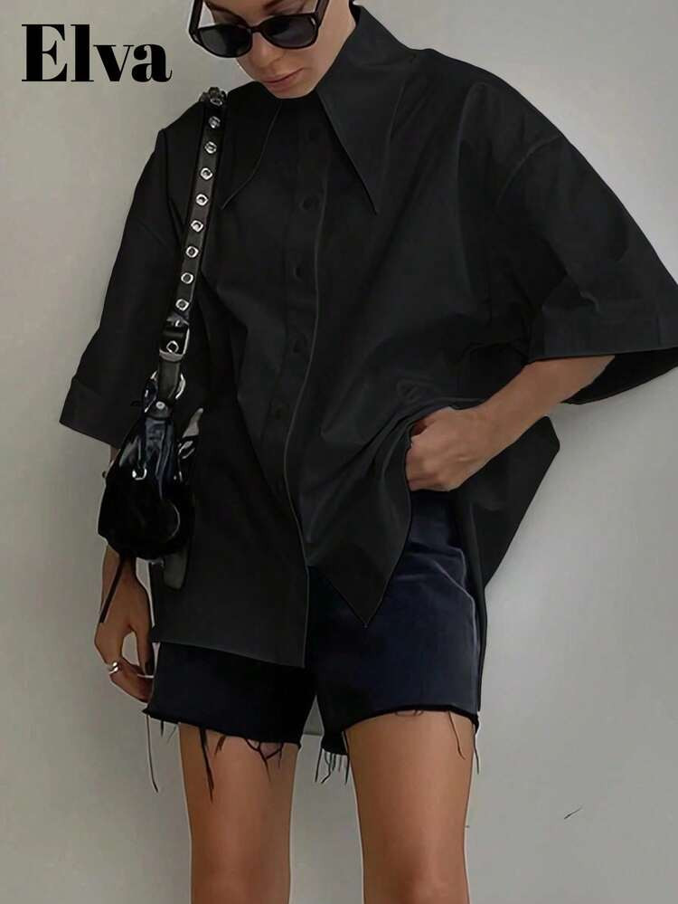 QIANZHIDU Elva Women's Fashion Back To School Clothes Spring Summer Autumn Solid Button Up Shirt | SHEIN