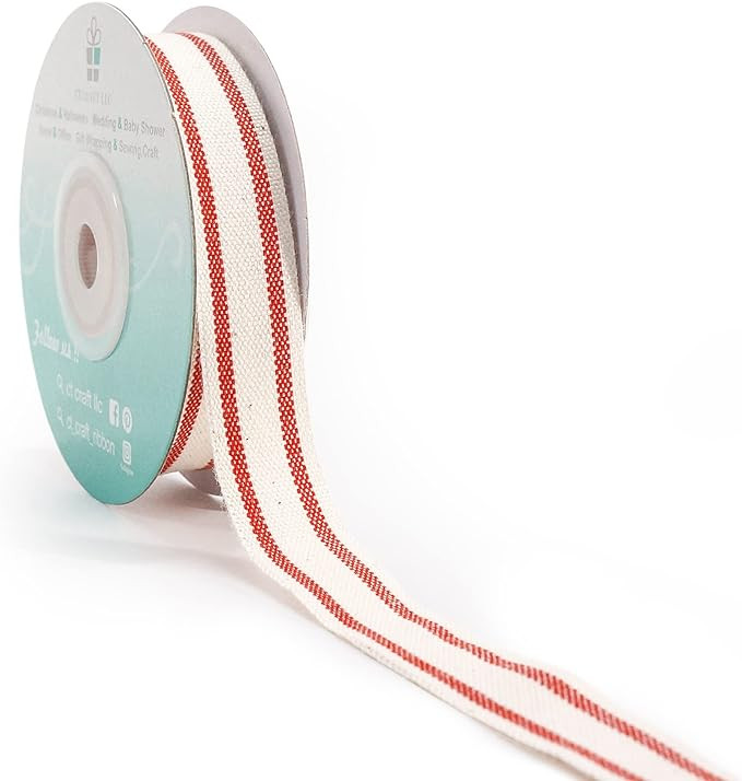 CT CRAFT LLC Ivory Cotton Red Stripes Ribbon 5/8" x 10 Yards for Home Décor Gift Present Wrappin... | Amazon (US)