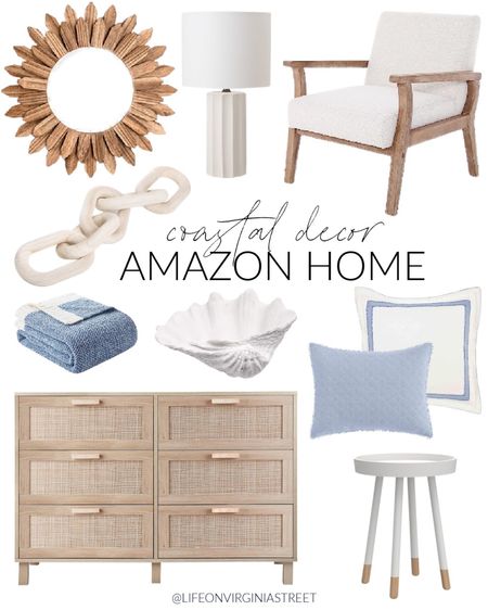 Some of my current home décor favorites from Amazon!  Items include a starburst mirror, a ribbed table lamp, an upholstered armchair, a wood decorative chain and heather blue throw blanket.  Additional items include a seashell bowl, a blue lumbar pillow, a blue and white euro sham, a rattan six-drawer dresser and a white accent table.

Amazon prime day, prime day deals, look for less home, designer inspired, beach house look, amazon haul, amazon accessories, amazon bedroom, amazon beach, amazon deals, amazon furniture, amazon home finds, amazon chairs, amazon lamps, amazon office, amazon pillow covers, amazon throw pillows, amazon decor, serena and lily style, amazon must haves, home decor, Amazon finds, Amazon home decor, simple decor, living room decor, neutral design, accent chair, coastal decorating, coastal design, coastal inspiration #ltkfamily  #ltksale

#LTKfindsunder50 #LTKfindsunder100 #LTKSeasonal #LTKhome #LTKsalealert #LTKstyletip #LTKfindsunder100 #LTKSale #LTKsalealert