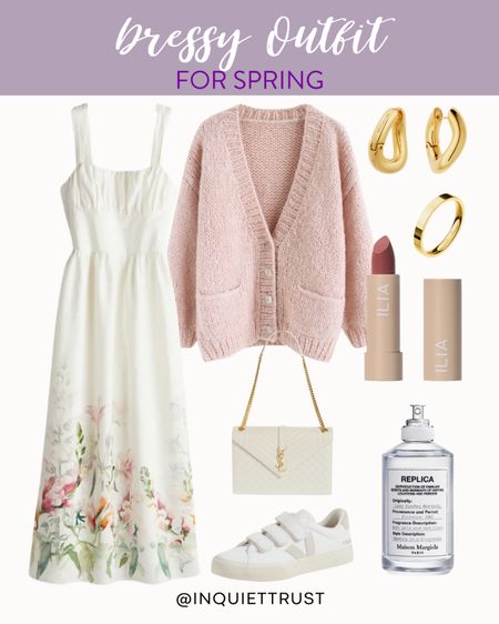 Welcome spring with this chic white floral midi dress! Pair it with this pink knitted cardigan, a white handbag, sneakers, and gold accessories!
#outfiinspo #dressylook #springfashion #shoeinspo

#LTKbeauty #LTKSeasonal #LTKstyletip