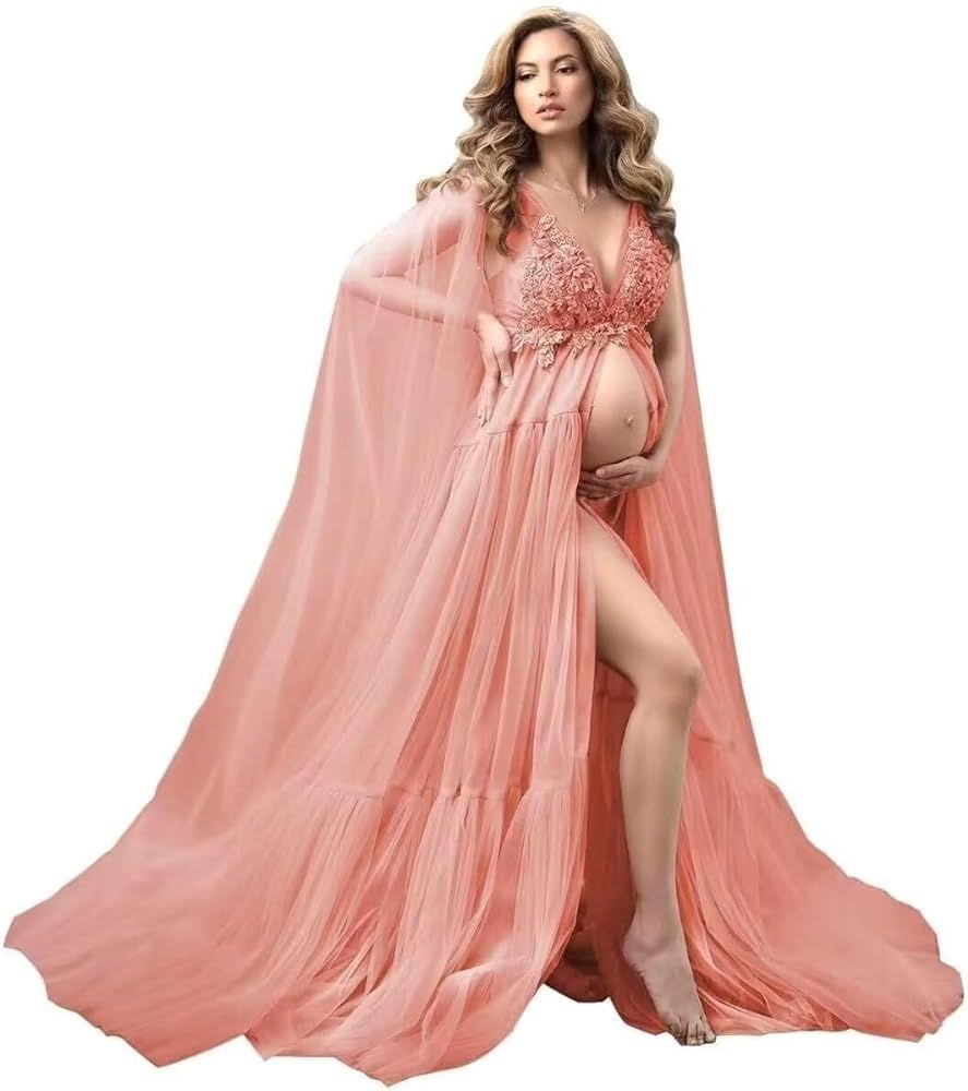 Lace Appliques Tulle Maternity Dress for Photoshoot V Neck Sheer Tulle Robe Pregnancy Bridal Gown... | Amazon (US)