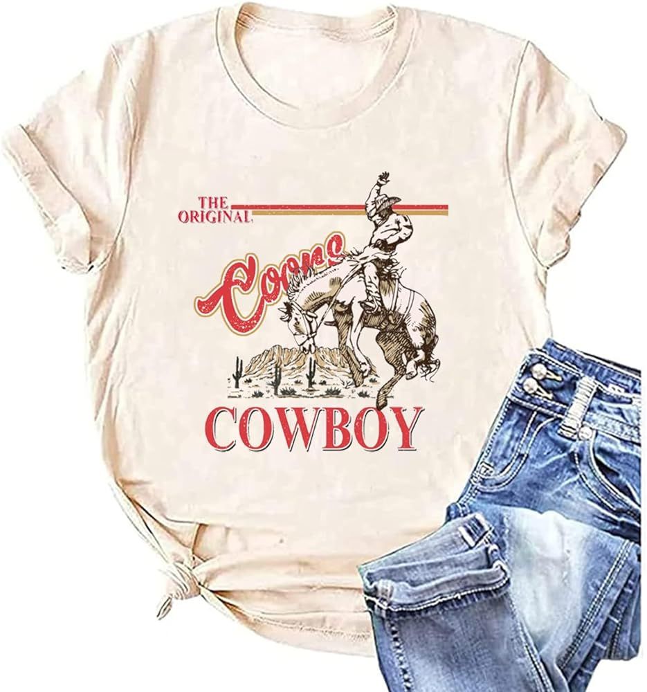 Retro Western T-Shirt Women Vintage Country Music Shirt Street Rodeo Graphic Cowboy Tees Tops | Amazon (US)