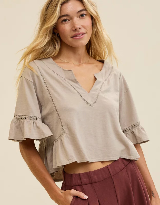 Aerie Flowy Cropped Notch Neck T-Shirt | Aerie