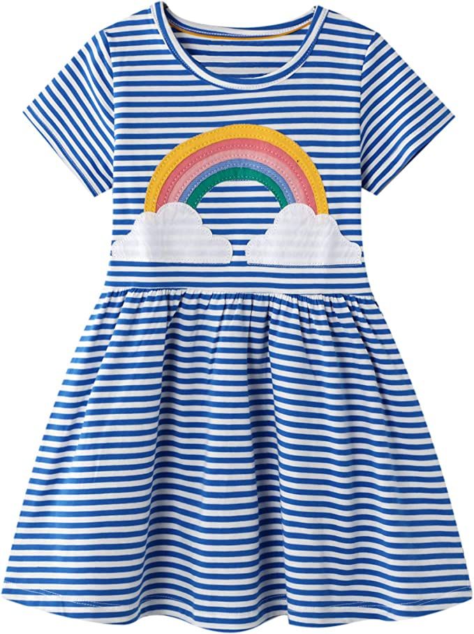 Youlebao Girls Cotton Long Sleeve Casual Cartoon Appliques Striped Jersey Dresses | Amazon (US)