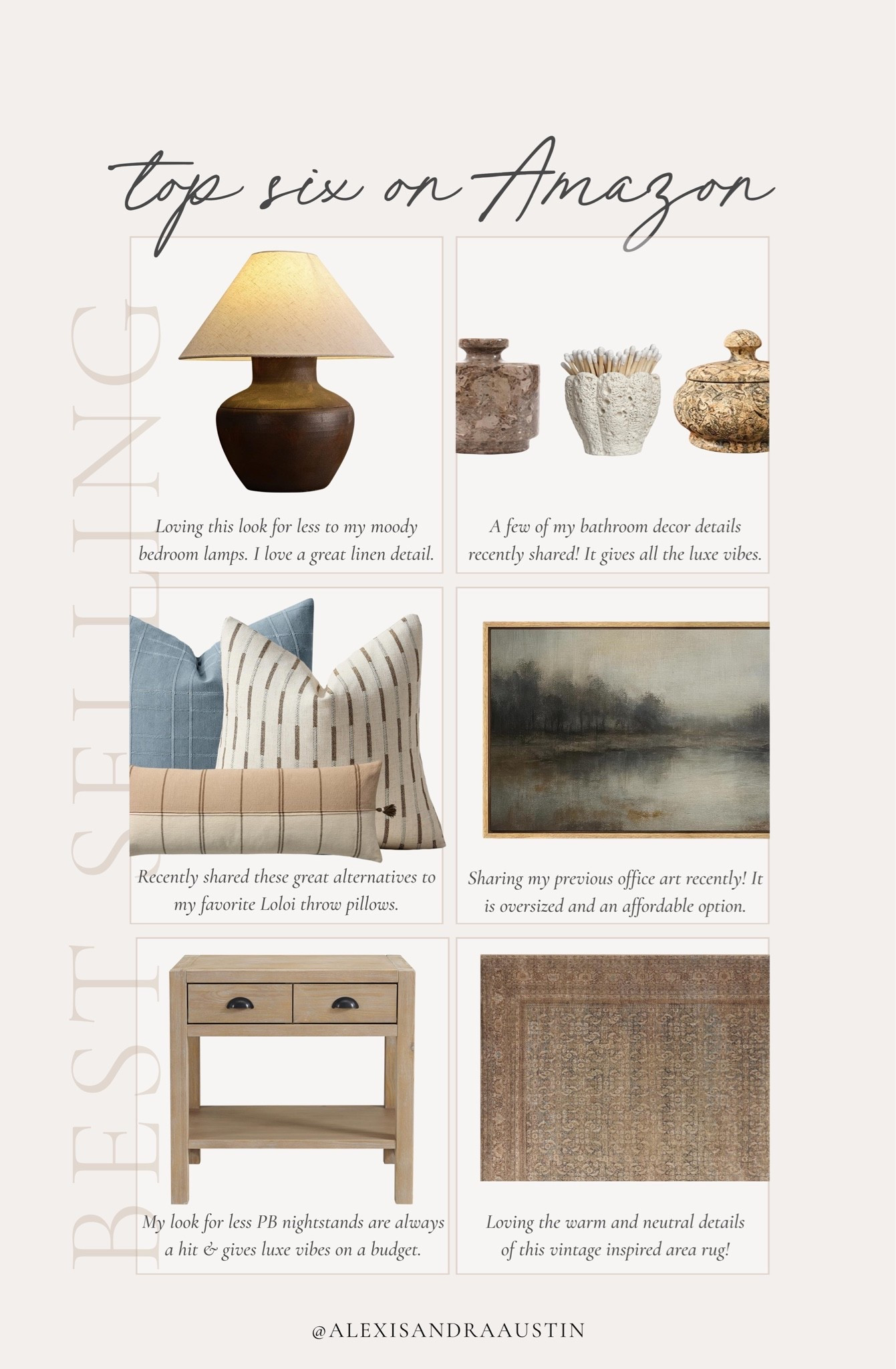 This week’s top six best selling items on Amazon! From look for less favorites to vintage style area rugs, find all of my top favorites this week.

Home finds, neutral home inspo, best sellers, furniture favorites, neutral wood tones, moody table lamp, marble details, vintage style area rugs, wall art, oversized art, cozy throw pillow, found it on Amazon, bedroom refresh, living room refresh, shop the look!

#LTKSeasonal #LTKHome