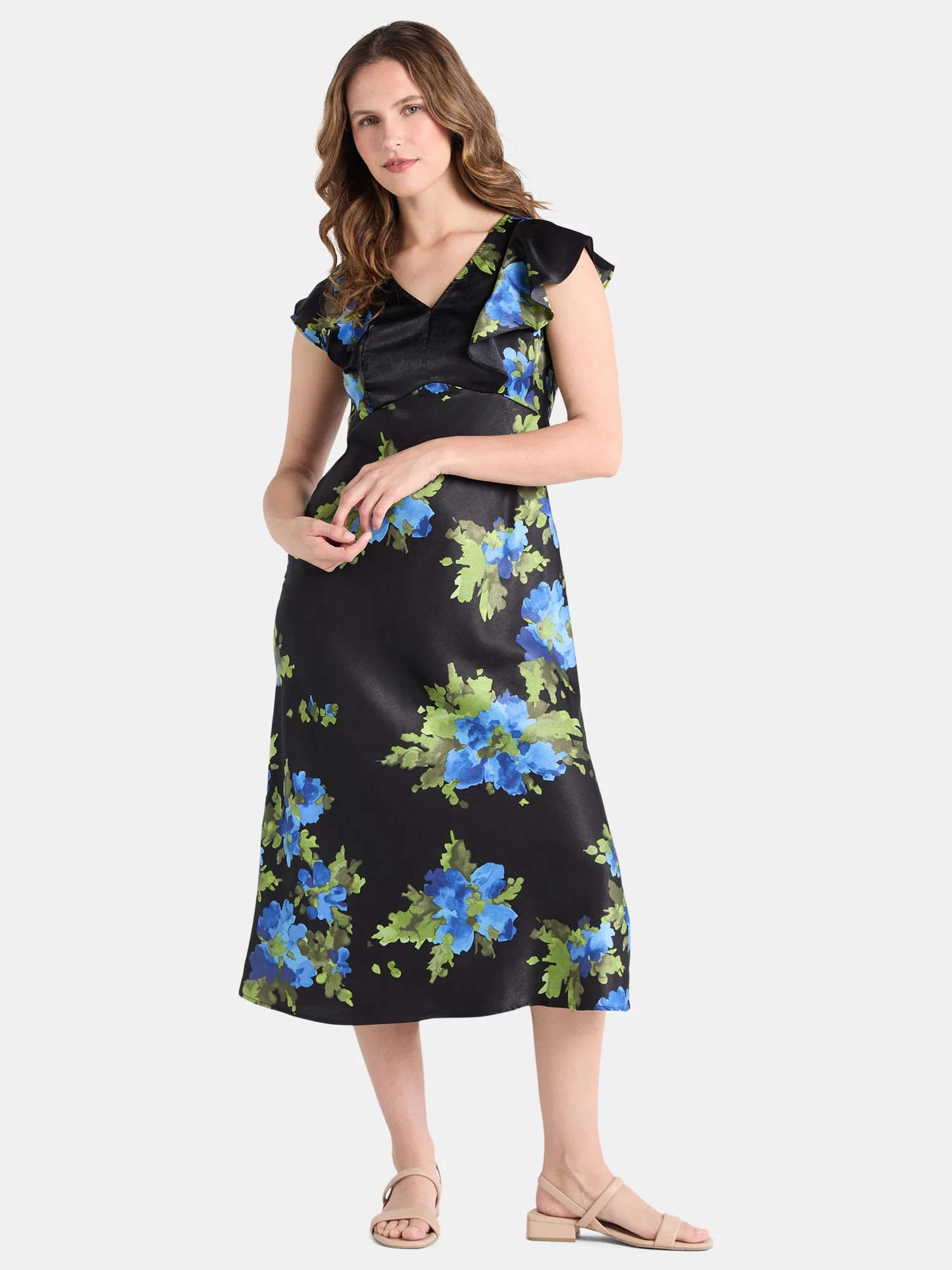 Time and Tru Women's Plus Silky Satin Midi Dress with Flutter Sleeves, Sizes XS-4X | Walmart (US)