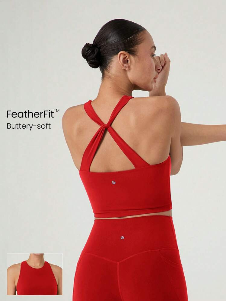 GLOWMODE Women's Red FeatherFit™ Buttery-Soft High Neck Criss Cross Sports Bra With Twist Detail  Spring Summer | SHEIN