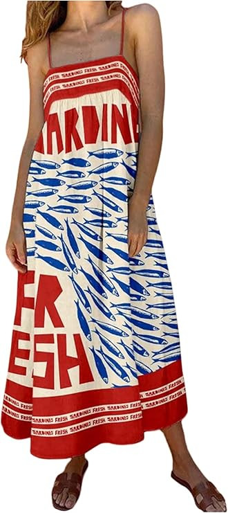 SOLY HUX Women's Sundress Graphic Print Color Block Spaghetti Strap Flowy Summer Long Cami Dress | Amazon (US)