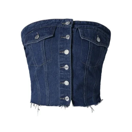 DARING DIVA Denim Tube Button Front Raw Hem Crop Strapless Bandeau Top M Dark Blue | Walmart (US)
