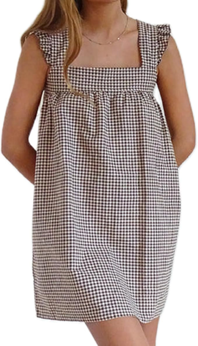 Women Summer Gingham Mini Dress Spaghetti Strap Square Neck Short Dress Y2k A Line Flowy Skater S... | Amazon (US)