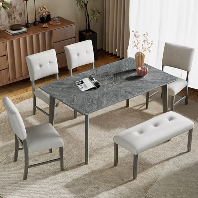 6 Piece Wood Dining Room Table Set, Dining Room Rectangular Table with 4 Upholstered Chairs and Bench, Gray | Target