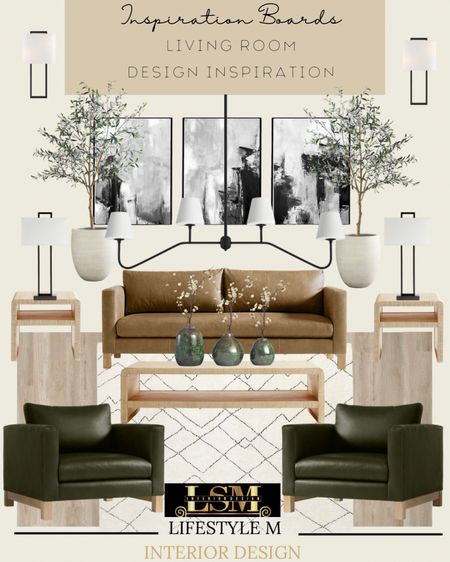 Living room ideas for transitional and modern farmhouse style homes. Recreate the look by shopping the pieces below. Brown leather sofa, leather accent arm chairs, living room rug, coffee table, end tables, table lamps, table vase, white planters, faux olive tree, living room chandelier, wall art, wall sconce lights. Wood floor tiles. 

#LTKSeasonal #LTKstyletip #LTKhome