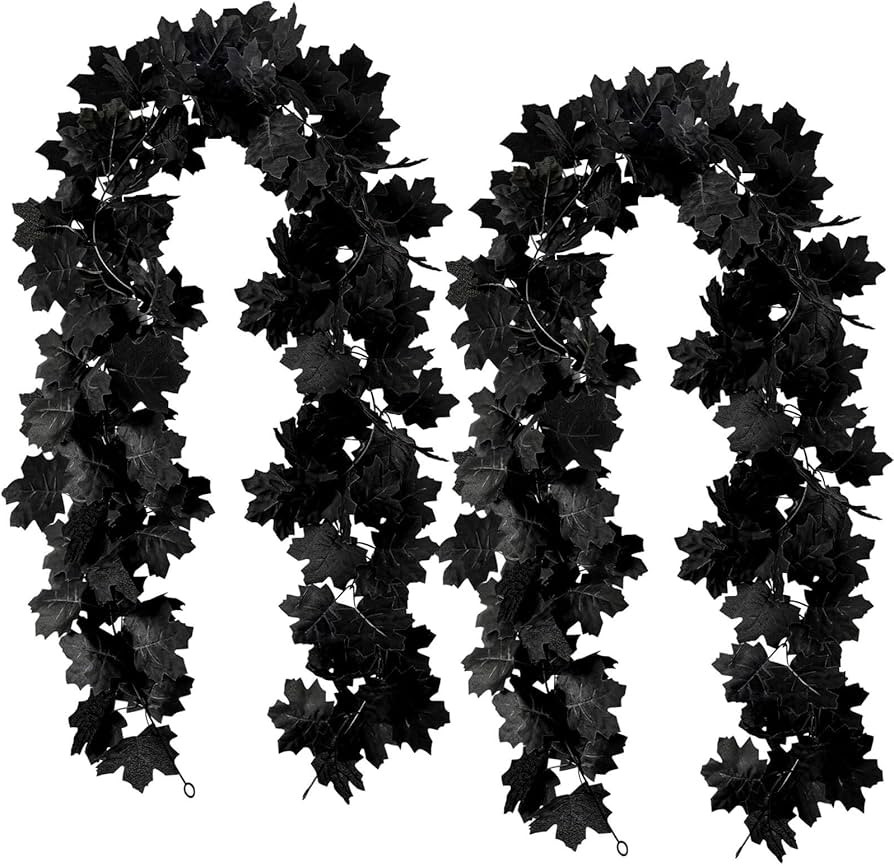 Black Maple Leaf Garland, 2PCS Halloween Artificial Hanging Fall Leave Vines, Fall Floral Garland... | Amazon (US)