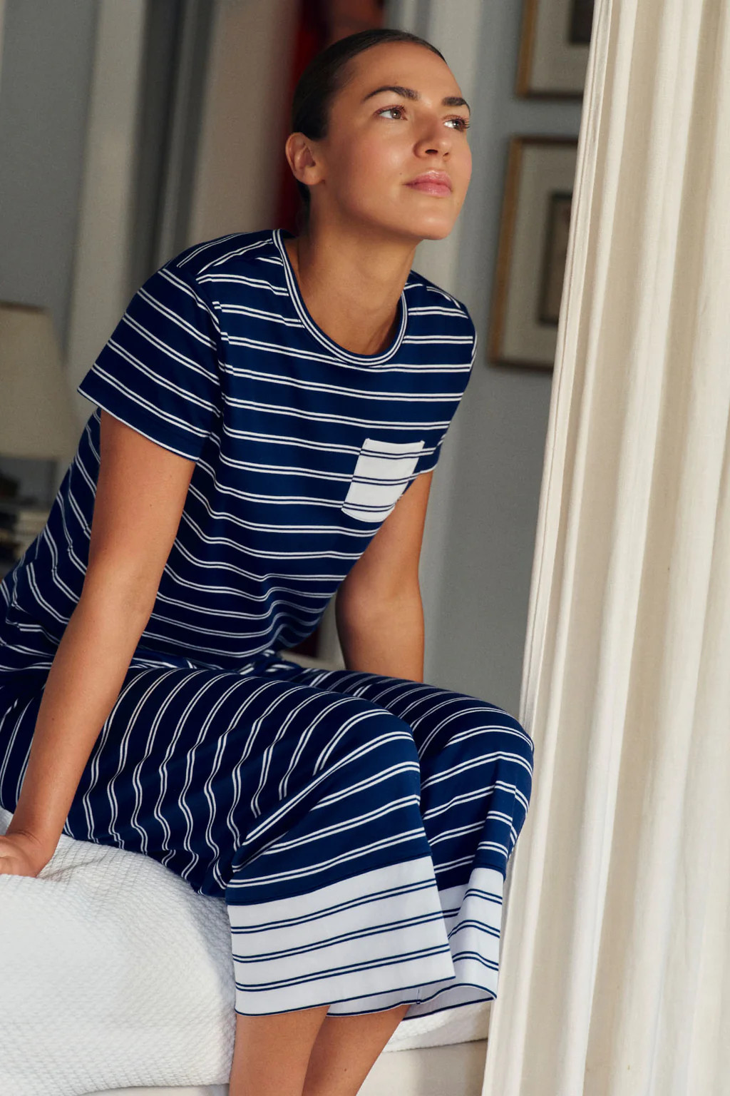 Pima Crew Wide Leg Pajama Set in Blue Depths Tidal Stripe | Lake Pajamas