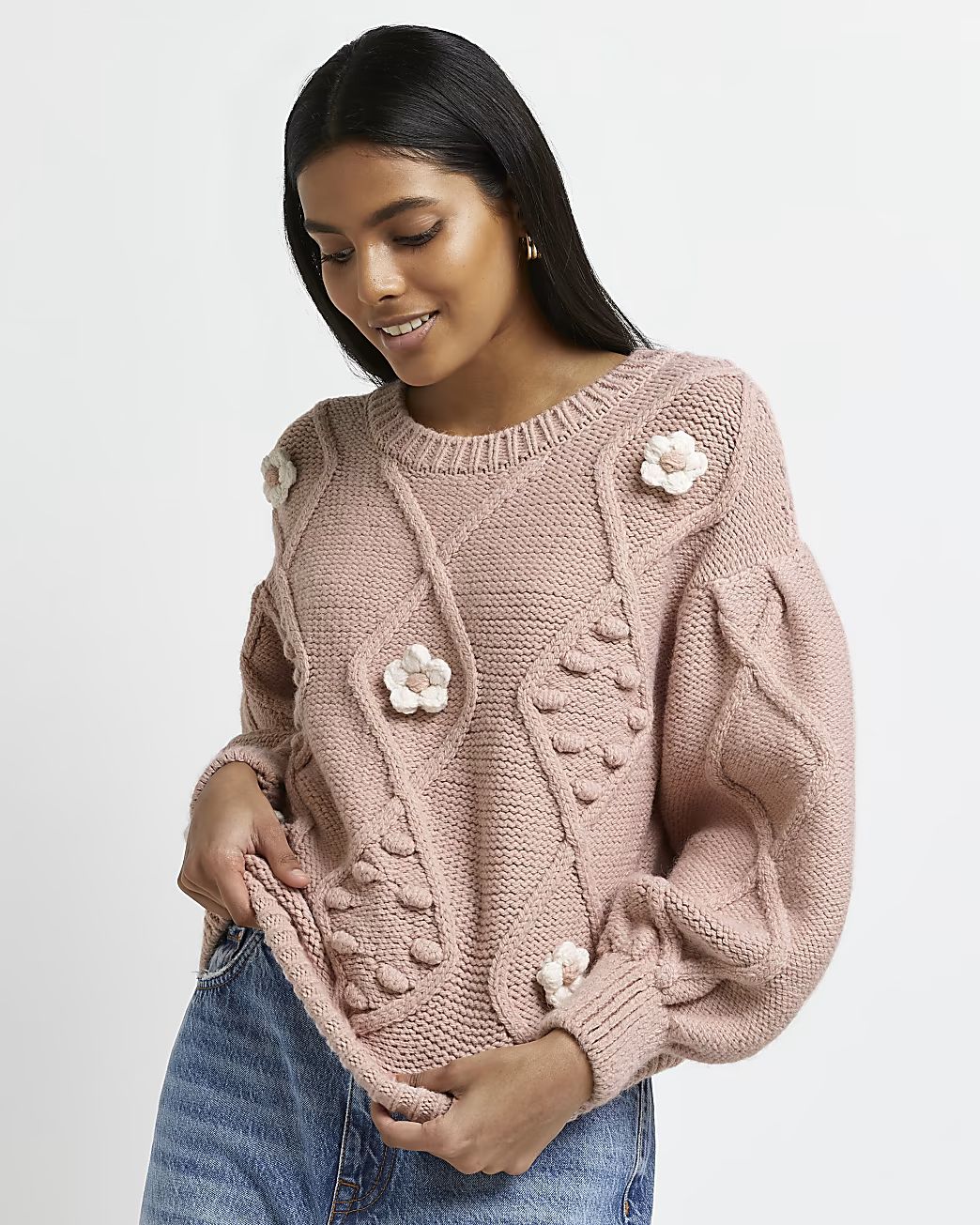 Pink 3D floral chunky knit jumper | River Island (UK & IE)