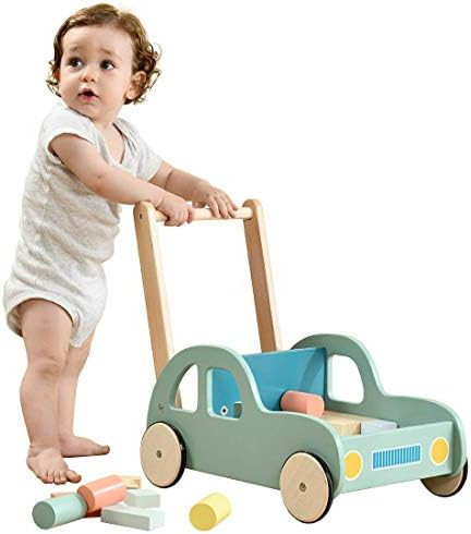 labebe Baby Wooden Walker with Wheel, Green Car Blocks Trolley, Kid’s Push & Pull Toys for Baby... | Amazon (US)