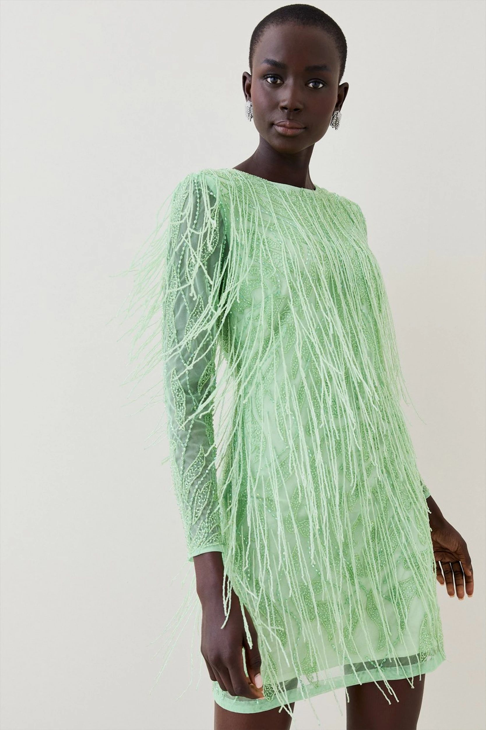Crystal Embellished Fringed Mini Dress | Karen Millen US
