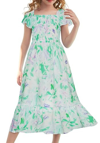 GRACE KARIN Girl's 2025 Spring Easter Dress Flutter Sleeve Maxi Summer Boho Dress for Kids 6-7 Years,Green Floral | Amazon (US)