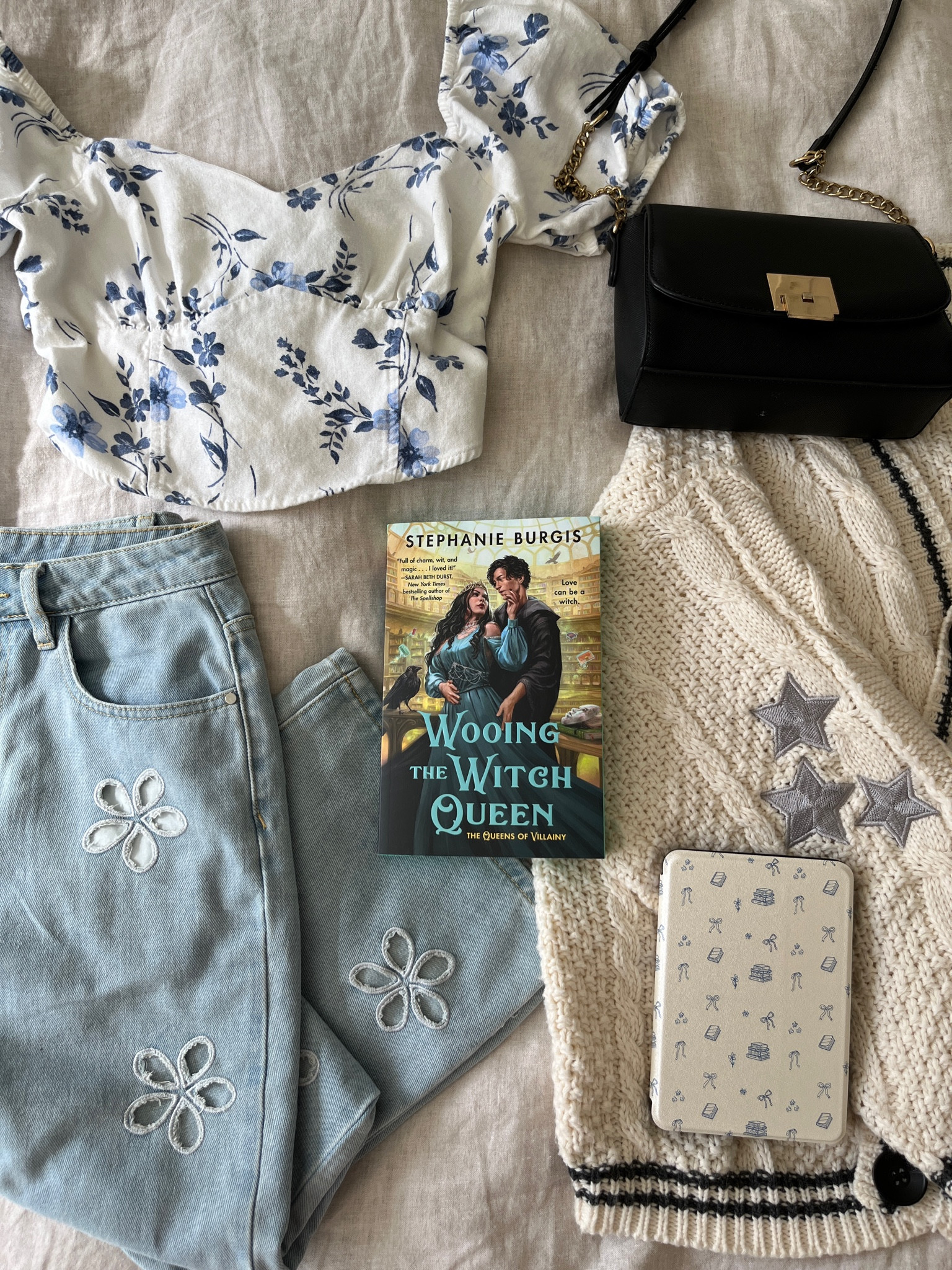 Denim floral jeans - linen crop top - hollister - shop cider - kindle case - bookish aesthetic - wooing the witch queen - romantasy book - high waisted jeans

#LTKSaleAlert #LTKFindsUnder50