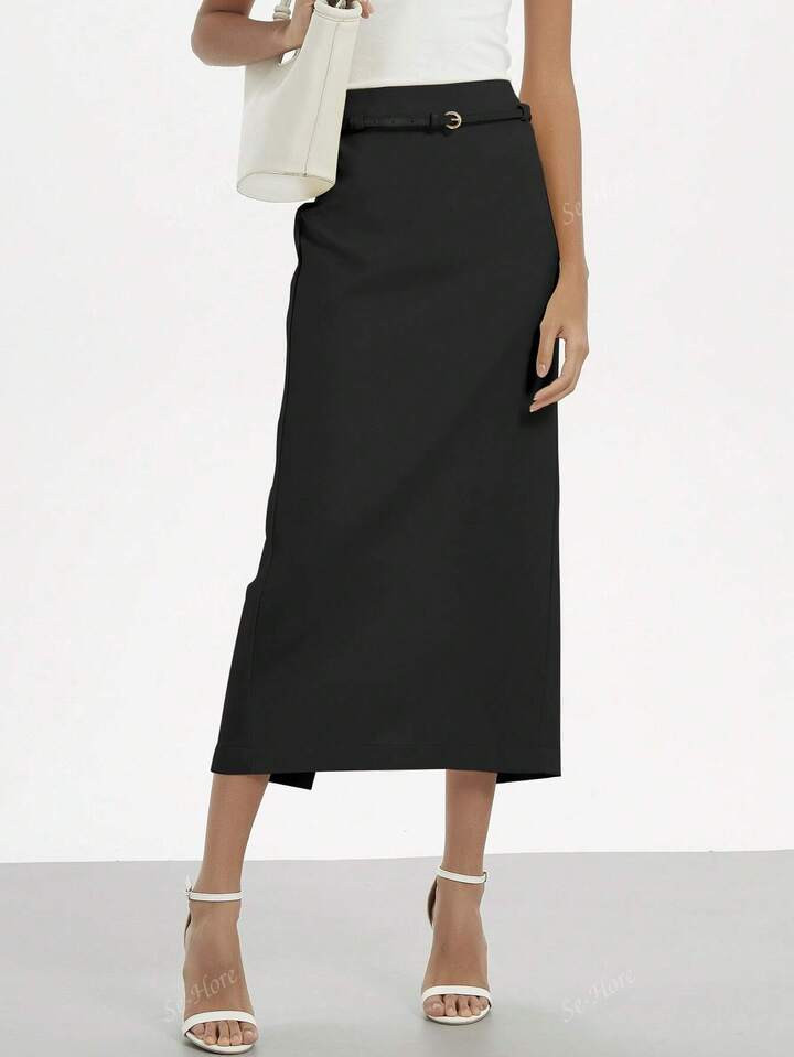 Women's Spring/Summer Fashion Casual Minimalist Versatile Commute Business/French Romantic Vacation Style High Waist Long Maxi Skirt With Belt | SHEIN