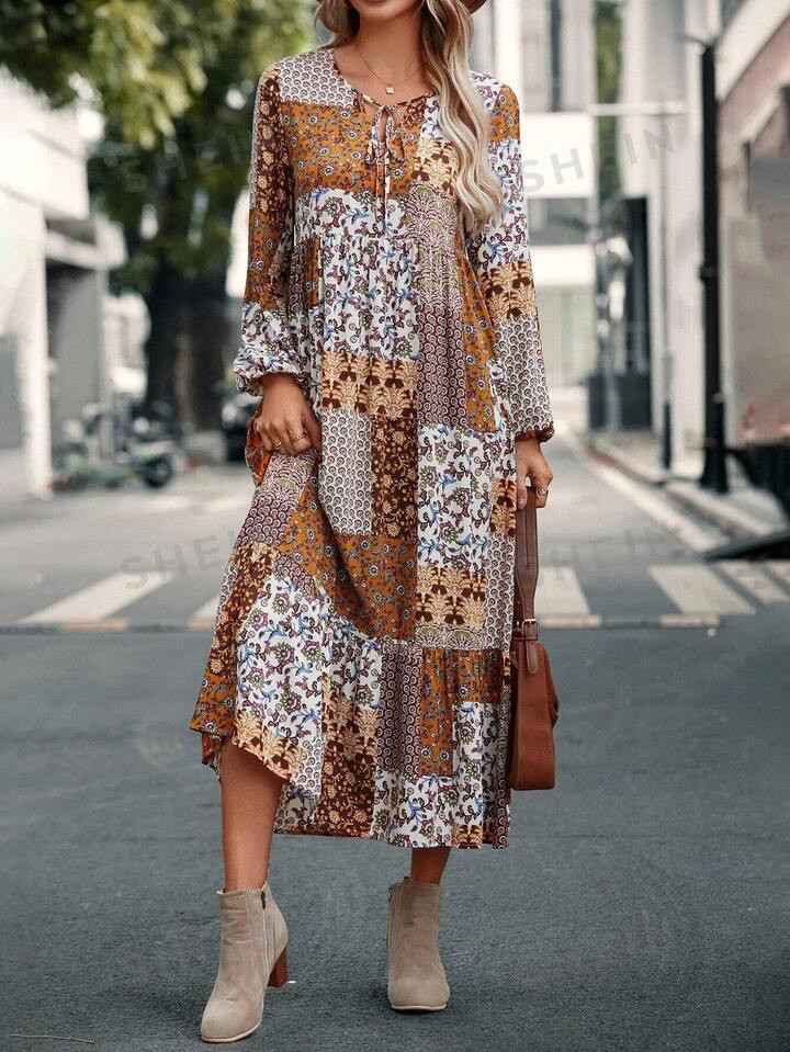 EMERY ROSE Patchwork Print Tie Neck Ruffle Hem Smock Dress | SHEIN